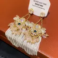 Luxurious gold-plated bow pearl earrings with long tassels and crystal beads - 48# Gold Pink Zirconia Pearl Chain Tassel Studs