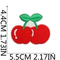 Macro detail of red cherry embroidery patch with green leaves and precise size dimensions - Double Red Cherries (6)