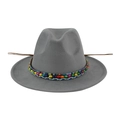 Ethnic style dark grey wool fedora with colorful beaded band and braided rope trim - 58cm / Gray