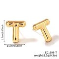 Polished gold bubble letter T stud earrings with 3D puffed design and size measurements - Letter T (E01698-T)