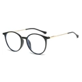 Classic round black frame glasses with gold metal temples and blue light filter lens - Bright Black Gold (Clear)