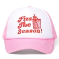 Detail of Fizz The Season print on pink and white mesh trucker hat with beverage graphic - Pink