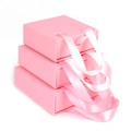 Pink drawer jewelry box with satin handle made of premium cardboard for gift packaging - 8x8x3.2cm / Pearlescent Light Pink