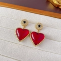 Detail of vintage gold-tone earrings with large red heart crystal and black gem accent - 6# Red Rhinestone Heart