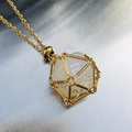 Creative necklace with golden chain and white translucent dice pendant in metal cage - Gold Cage with White Dice