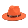 Close-up of orange wool fedora featuring a brown leather band with silver rivets - M(56-58cm) / Orange