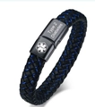 Pulsera de alerta médica de cuero azul y negro para hombre con grabado de Diabetes Tipo 2 - 19cm / Alerta Médica-Diabetes Tipo 2