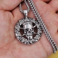 Gothic silver stainless steel skull pendant necklace with Celtic knot patterns - Skull Badge