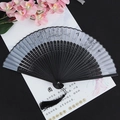 Classic black folding fan with cherry blossom print, hollow bamboo ribs and silk tassel - Butterfly Cherry Grey Surface Black Handle