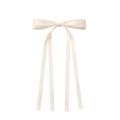 Detailed view of beige satin hair bow with long streamers on a white background - Beige