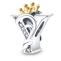 Silver letter Y charm with golden crown and sparkling zircons for DIY bracelets - Letter Y