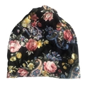 Close-up of paisley and rose print on a black knit slouchy beanie for adults - Ins Big Paisley