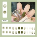 Uñas postizas cortas verde matcha y blanco lechoso con corazones 3D, 24 piezas - Verde Fresco (Tipo Pegamento)