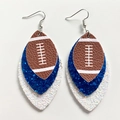 Detail view of triple-layered football earrings with brown leather and blue glitter teardrops - Style 5-Brown Football Blue White Glitter
