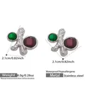Irregular branch earrings in stainless steel with emerald green and dark purple gems - Steel Color Earrings (F058)