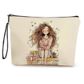 Tragbare Make-up Tasche aus Segeltuch mit Cartoon-Mädchen und Katzen-Druck in Creme - 17*25cm / Mädchen und Katze mit Blumen (Stil 3)