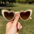 Fashion heart sunglasses with beige leopard frame and diamonds on gradient brown lenses - Light Yellow