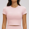 Slim fit light pink rib-knit short sleeve crop top for yoga and fitness training - S / Ceramic Pink
