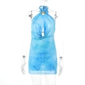 Detailed view of blue tie-dye mesh mini dress featuring halter neck and backless design - XS / Blue