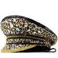 Leopard print military hat with black sequins, colorful rhinestones and gold studs - Leopard Black Sequin Style (01)