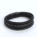 Handcrafted black braided leather bracelet featuring white stitching and magnetic clasp - 21cm / Black