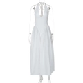 Detail of white deep V-neck halter maxi dress with ruched waist and flowing hemline - S / White