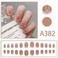 Short oval french press-on nails set in soft pink marble design with V-shape tips - French V-Tip Nude Pink Gradient Style (A382) / 24Pcs/Box (With Glue)