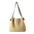 Woven straw bucket bag with striped ribbon shoulder strap and knot detail on white background - Striped Handle / Off White