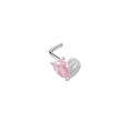 L-shaped heart nose stud with pink pear-shaped zircon and silver carved wing detail - Silver Pink Heart Wing Nose Stud (NR24082305S)