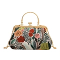 Vintage style handbag with floral embroidery fabric and golden metal handle frame - Green