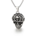 Collana retrò da uomo in acciaio inossidabile con ciondolo a teschio e pietre nere - Stile Testa di Teschio Intagliata (KP44393-BD)