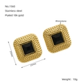 Close-up of 25mm square stainless steel earrings with black rhinestone and 18k gold plating - Gold with Black Gemstone