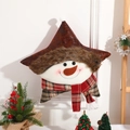 Coussin de Noël en forme d'étoile avec simili cuir marron et écharpe à carreaux - 40x40cm / Bonhomme de Neige