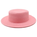 Flat top pink woven straw boater hat with wide brim for summer beach vacation - M (56-58cm) / Dusky Pink