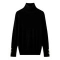 Detailed view of women's black turtleneck knit sweater with gold cuff buttons - Black