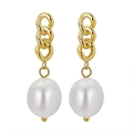 Elegant gold chain earrings with natural white freshwater pearls in a 925 silver setting - GPE51-14K Gold Three-Link Pearl Drop / Gold