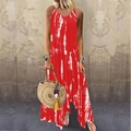 Red and white tie-dye maxi dress with V-neck, irregular hem, and side pockets for vacation - S / Red