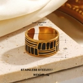 Gold-plated stainless steel ring featuring black enamel patterns in a minimalist style - Geometric Totem Splicing Style (851-6)