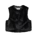 Macro shot of fluffy black faux fur texture and brand label on a short vest - XS / Black