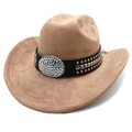 Close-up of suede cowboy hat with black belt, metallic studs and rhinestone buckle - M (56-58cm) / Khaki