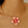 Vintage choker necklace featuring a large pink gradient enamel flower pendant in gold finish - Gold Gradient Pink Enamel Flower Choker (7690)