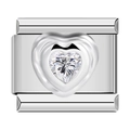 Italian charm bracelet link with silver metal heart frame and sparkling heart gemstone - White Rhinestone (C1529) / Silver