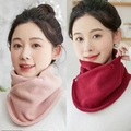 Pink and red plush neck warmer with snap buttons shown on models for winter comfort - Double Button Neck Warmer - Pink + Burgundy (2pcs)