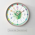 Horloge murale pédagogique or rose avec dinosaure vert pour apprendre l'heure - 10" / Style Dinosaure Cadre Or Rose