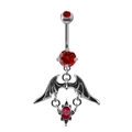 Silver belly button ring with bat wings design and sparkling red zircon heart stone - Silver Bat