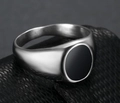 Sleek stainless steel signet ring with a polished oval black enamel inlay for men - US 5 / Silver
