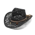 Cappello da cowboy in paglia nera con nastro etnico e decorazione di nappe per l'estate - Nero