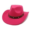 Detail of fuchsia western cowboy hat with rhinestone-studded brown leather band - M (56-58cm) / Rose Red