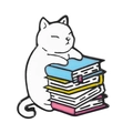 Detailed view of an enamel pin featuring a white cat hugging colorful books - White Cat Reading (XZ6579)
