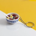 Miniature blue and white porcelain bowl keychain with realistic dessert and silver ring - No.1 Corn and Black Rice Porridge (Model)